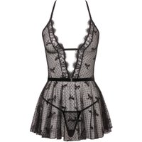 Babydoll plus String aus schwarzem Pünktchen-Powernet