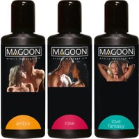 Massageöl „Magoon“, 3er-Set: Ambra, Rose und Love Fantasy